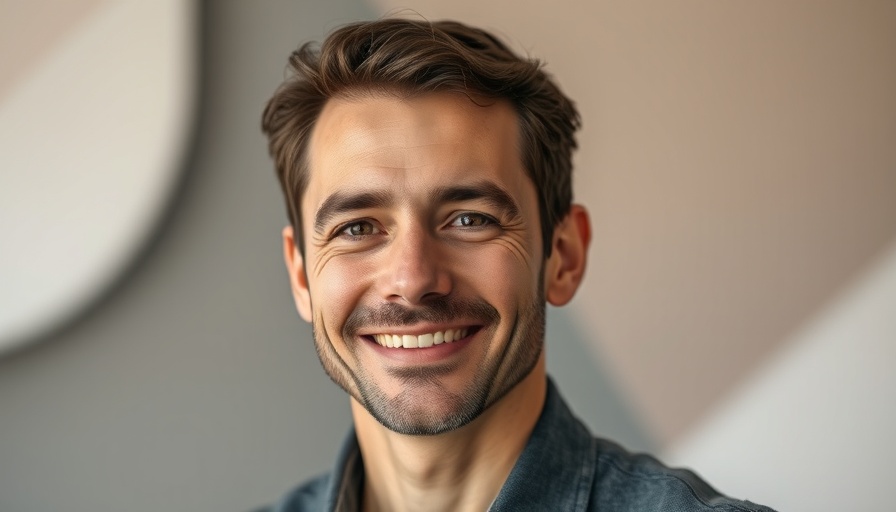 Confident man smiling with abstract background related to value-based care.