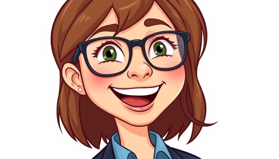 Cartoon woman with glasses smiling in blue shirt