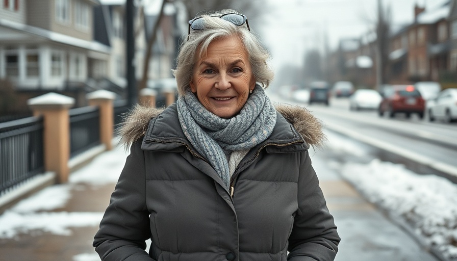 Senior woman walking confidently in snow, safe winter walking tips for seniors.