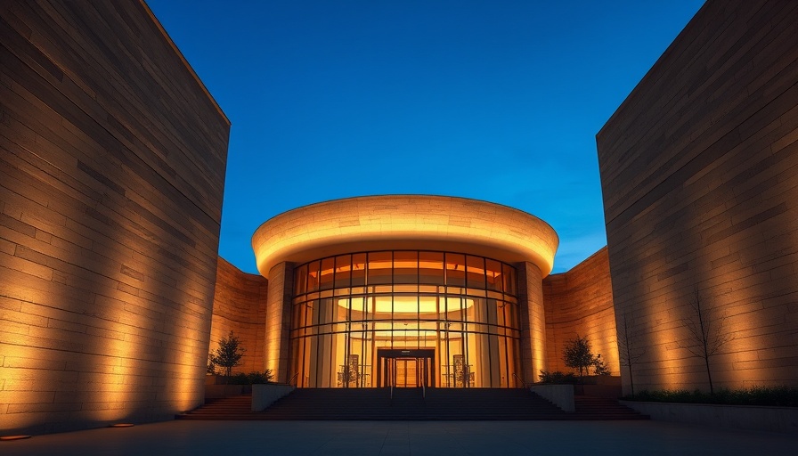 Modern museum entrance illuminated at dusk, showcasing elegant architecture.