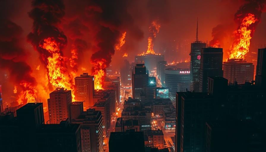 Long Beach disaster preparedness: cityscape engulfed in flames and smoke.