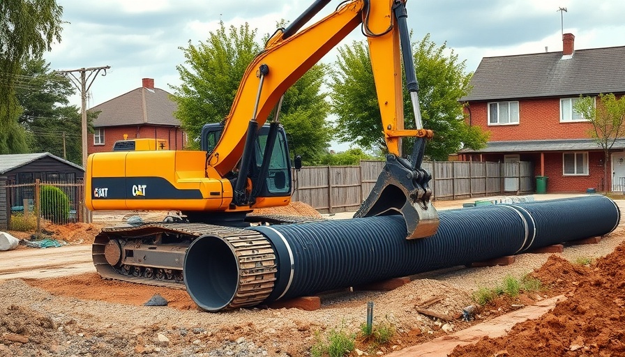 Excavator at geothermal energy site with pipes, showcasing thermal energy networks.