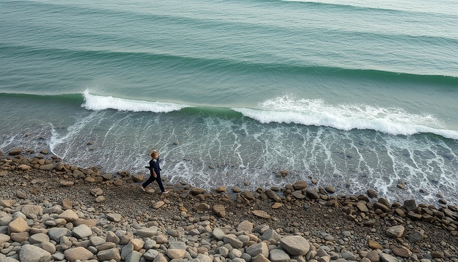 Coriolis effect on ocean waves along rocky shore, wide-angle view.