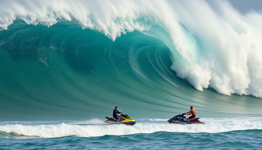 Surfers on jet skis approach La Vaca Gigante wave.