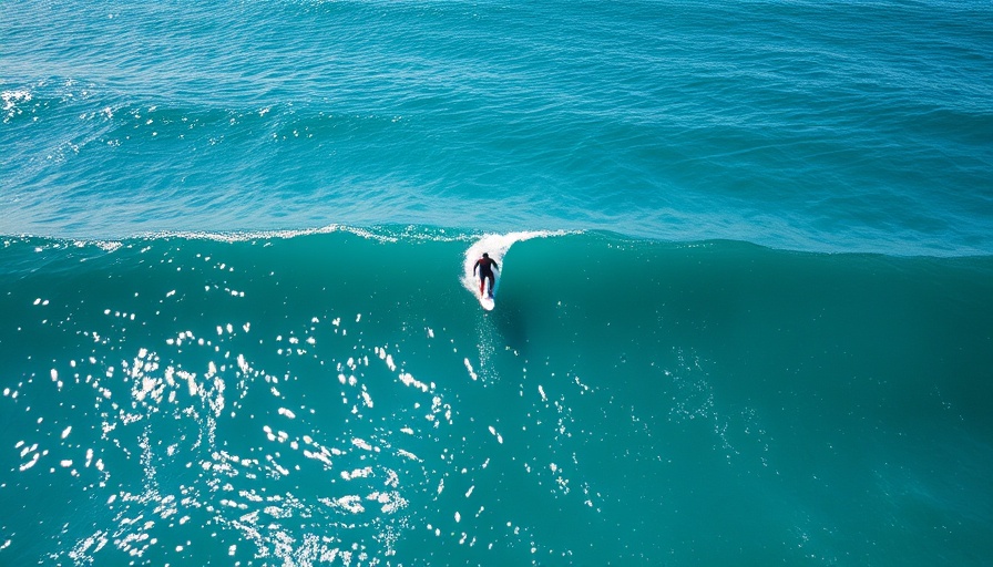 Aerial view of a solitary wave with a surfer on teal ocean.