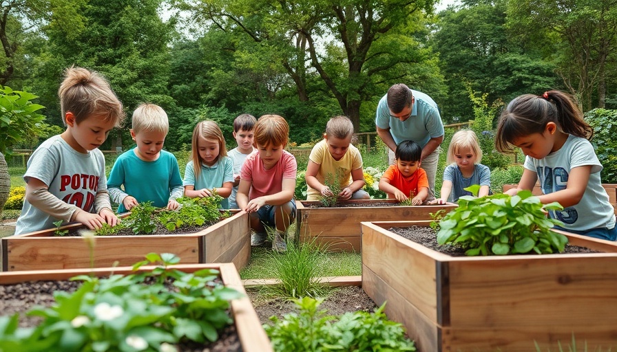 Children and adults in a school garden, highlighting benefits.