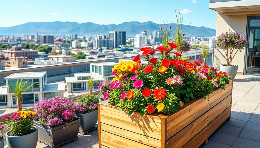 Urban patio gardening with rooftop planter and cityscape.