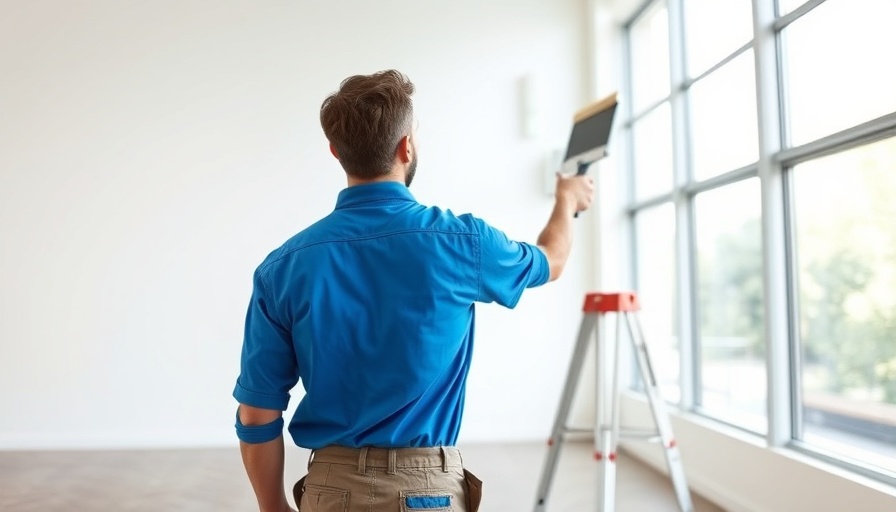 Professional in blue shirt painting a bright white wall.