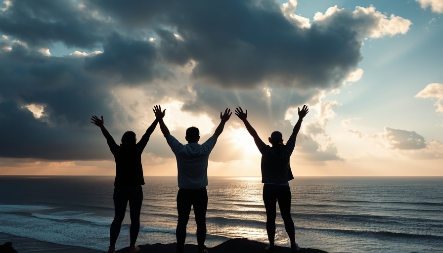 Celebrating figures on Galicia cliff; cloudy ocean view.