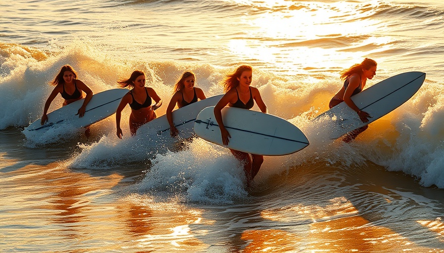 Women surfers entering the ocean at sunset, promoting empowerment through surfing.