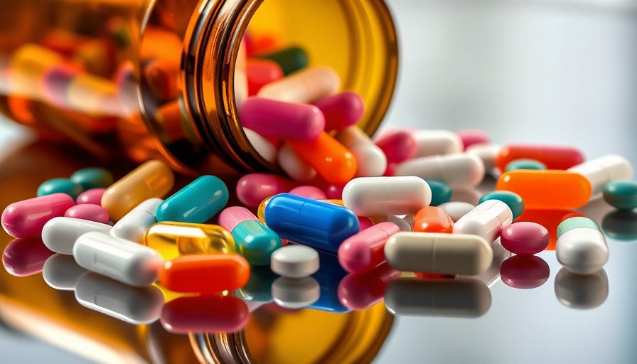 US drug price hikes on medications depicted by spilled capsules and tablets.