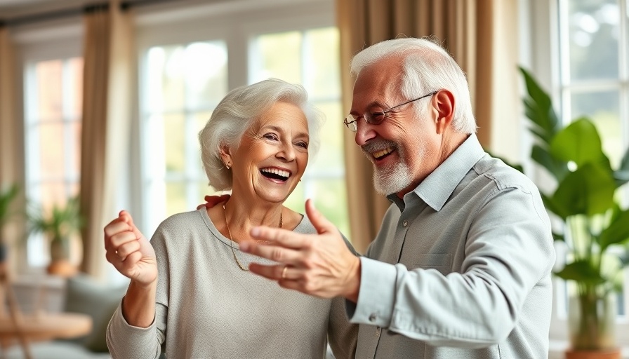Joyful elderly couple dancing at home, expressing happiness.