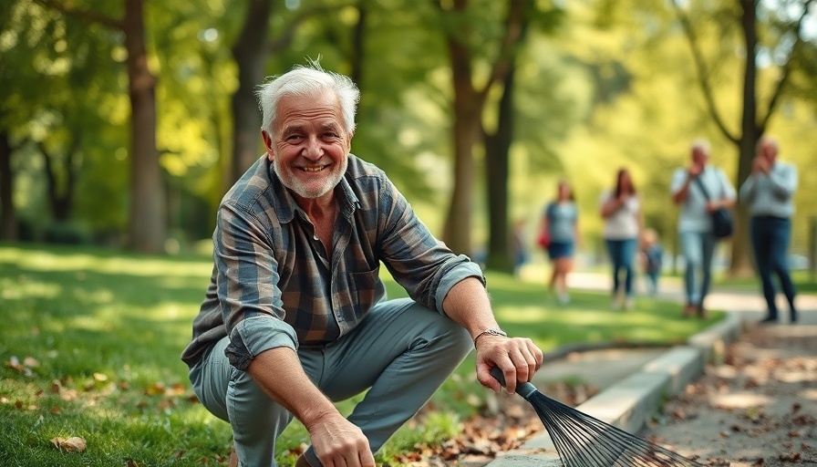 Older man volunteering in park, Blue Zones Model Improve Early Retirement.