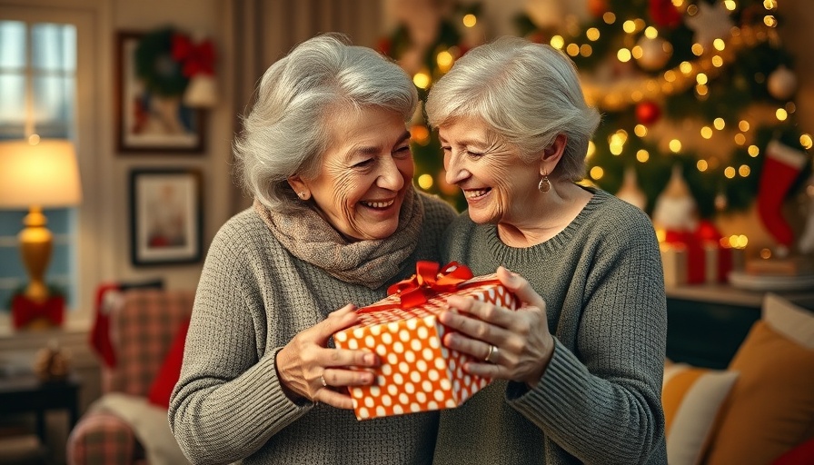 Elderly woman and young girl sharing gifts in festive holiday setting, representing coping with holiday anxiety for seniors.