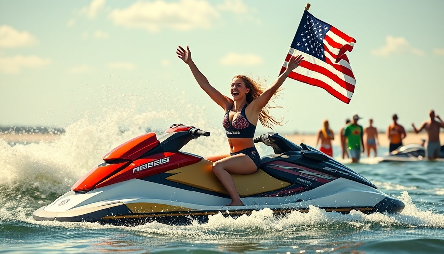 Caroline Marks celebrating on jet ski with American flag in hand.