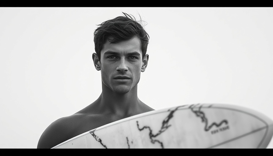 Young male surfer's legacy in black and white portrait.