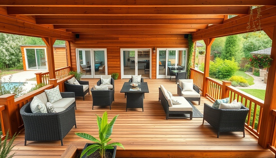 Spacious multi-level wooden deck design with furniture and greenery.