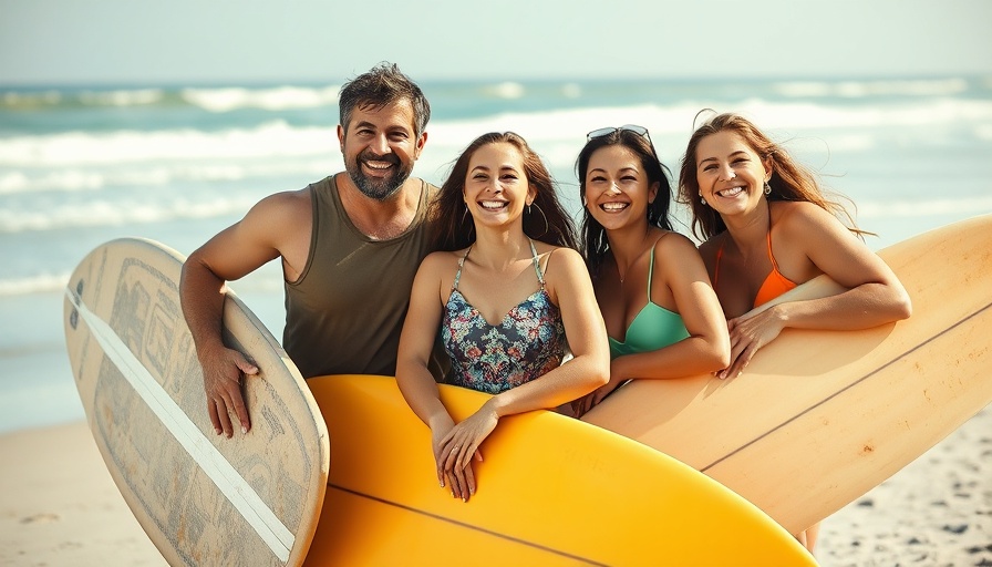 Family surf holidays: happy family with surfboards on beach