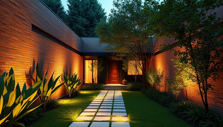 Modern front house courtyard design with lighting and greenery.