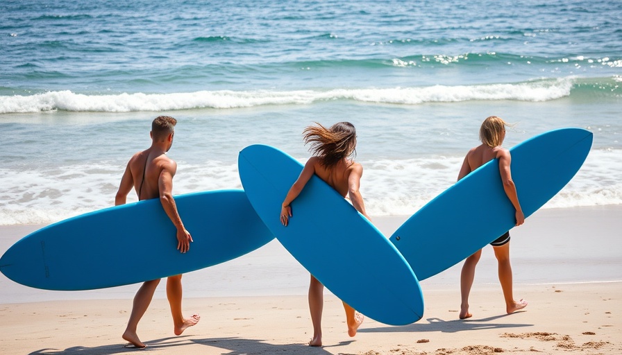 Huntington Beach surfing lesson with surfers heading to ocean.