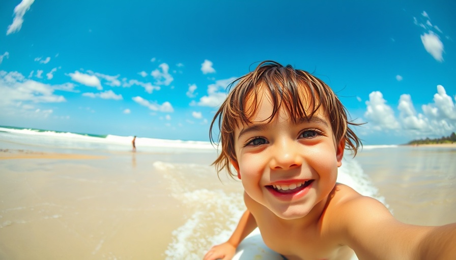 Child's Playa Guiones surfing experience close-up, vibrant beach scene.