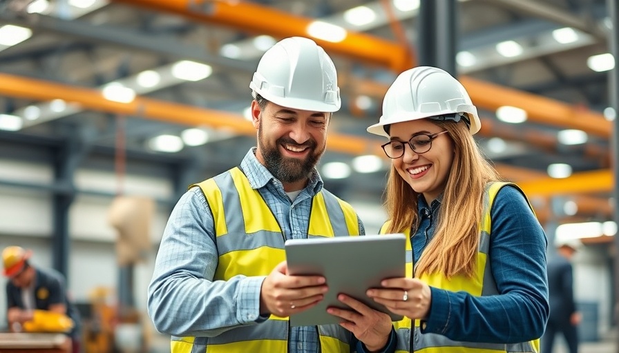 Two professionals discussing plans in modern industrial facility for Watts Continuing Education Campaign.