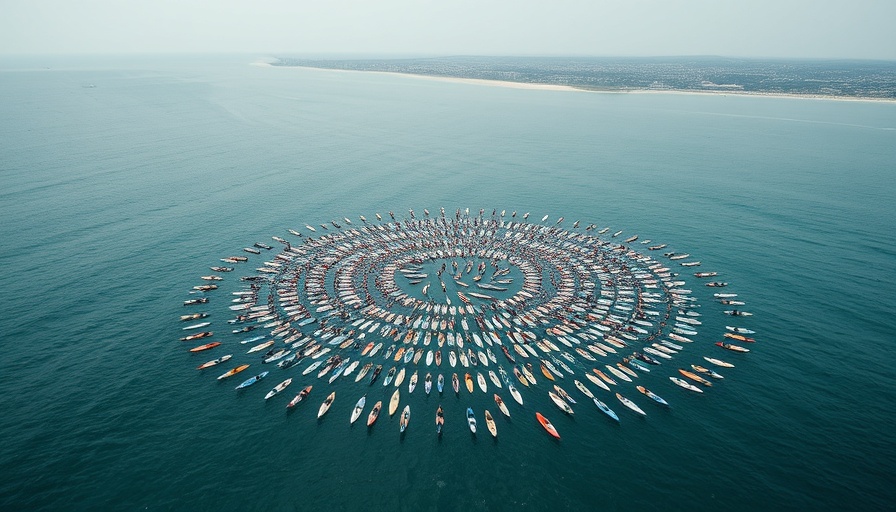 Aerial view of world's largest paddle out forming a circle in the ocean.