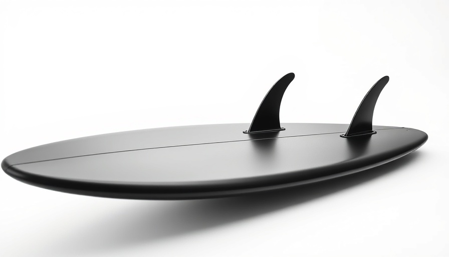 Sleek black surfboard with quad fin setup on white background