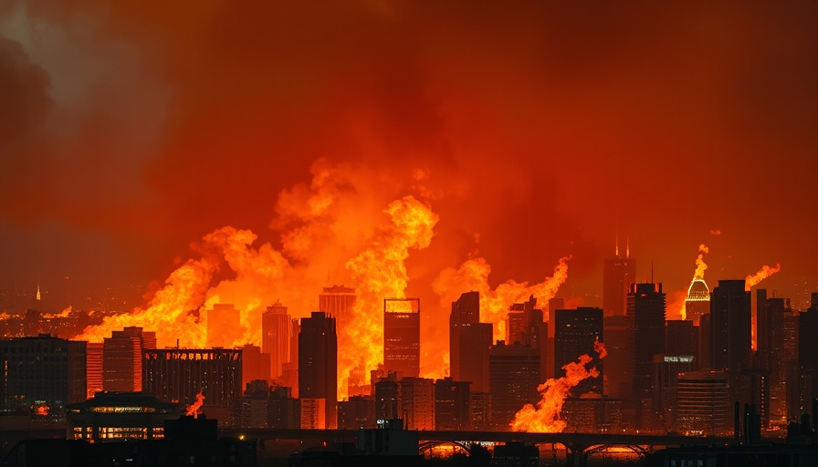 Fire engulfing city skyline portraying disaster preparedness in Long Beach.