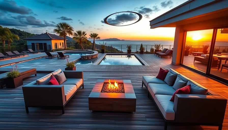 Modern outdoor deck with fireplace, stylish seating area.
