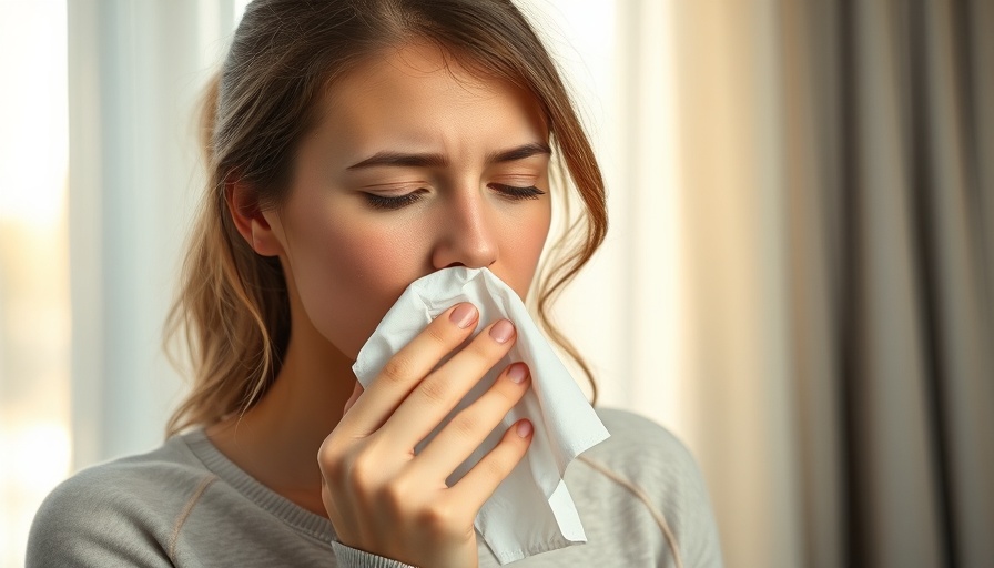 Woman sneezing during allergy season indoors.