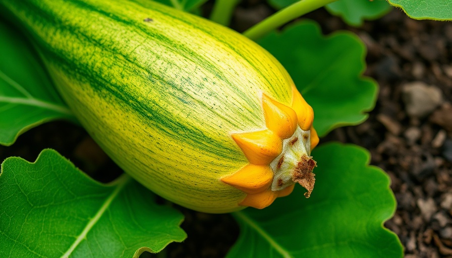 Zucchini with blossom end rot in garden, close-up view.