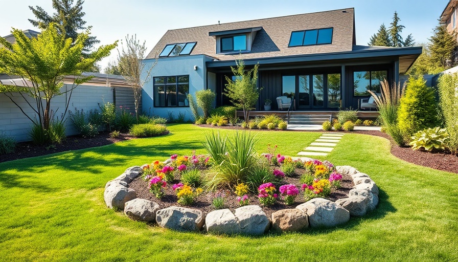Modern big backyard garden design with lush greenery.