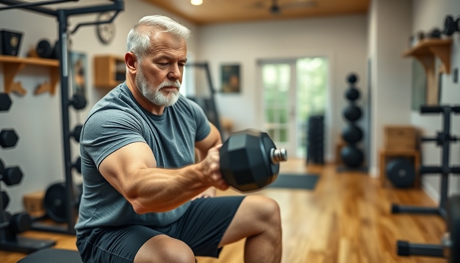 Middle-aged man exercising at home, demonstrating fitness strategies for seniors.