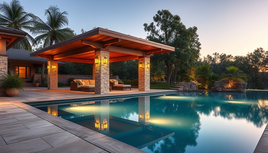 Luxurious patio design with pool and cabana in serene setting.