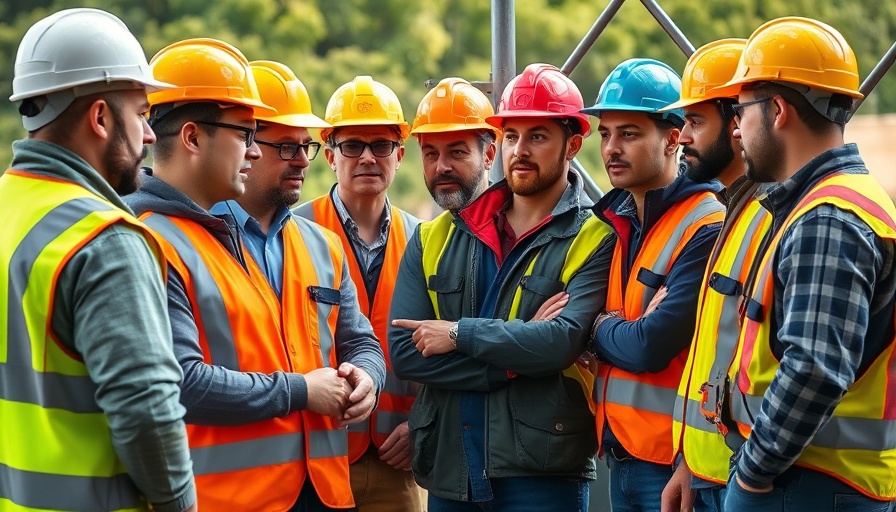 Construction workers discussing scaffold setup at outdoor training site.