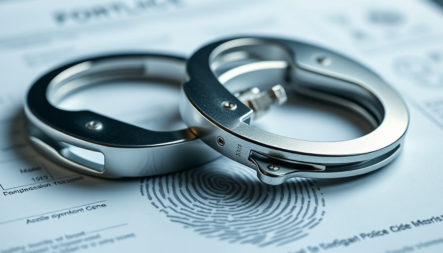 Metal handcuffs on fingerprint form, law enforcement scene.