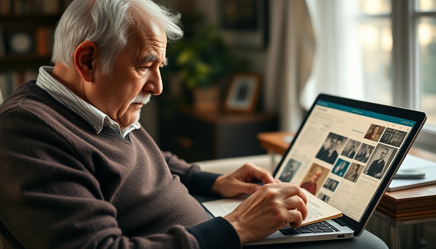 Elder researching family history with photos and laptop at home.