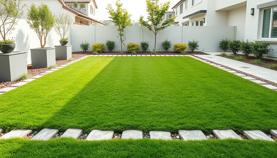No maintenance patio lawn design with artificial grass and stones.