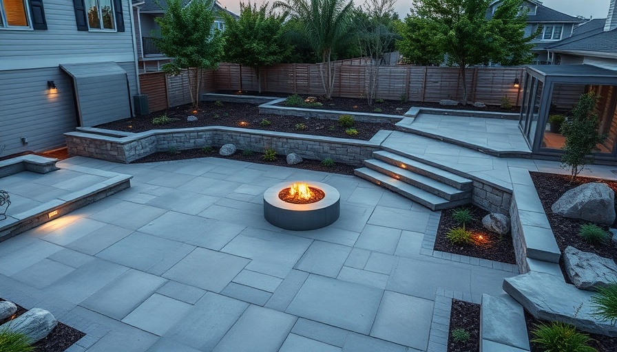 Modern backyard hardscape design with fire pit and stone details.