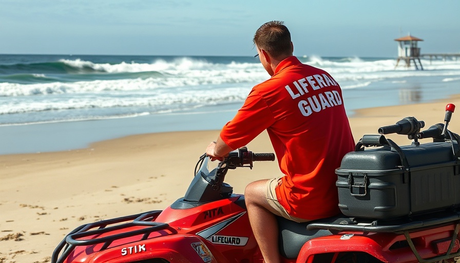 Lifeguard on ATV surveying beach, highlighting safety signals.