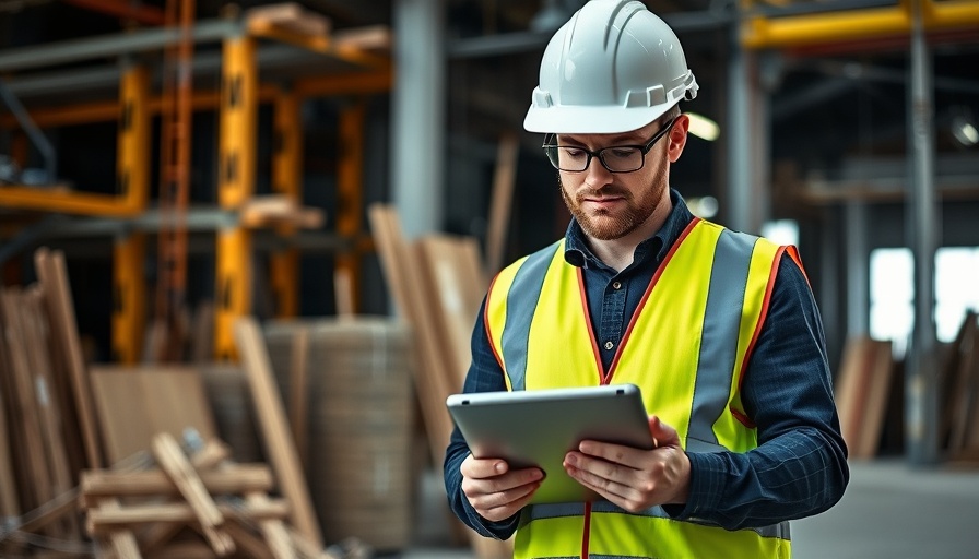 Construction worker examining tablet on-site, Morgan Sindall upgrades profit forecast.
