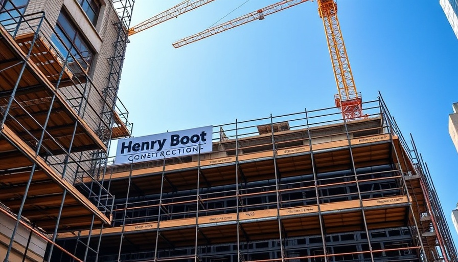 Henry Boot Construction site with scaffolding and signs in urban setting.