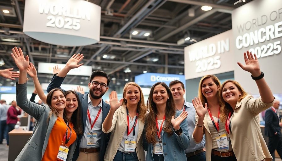 ConstructConnect at World of Concrete 2025: Group waving at trade show.