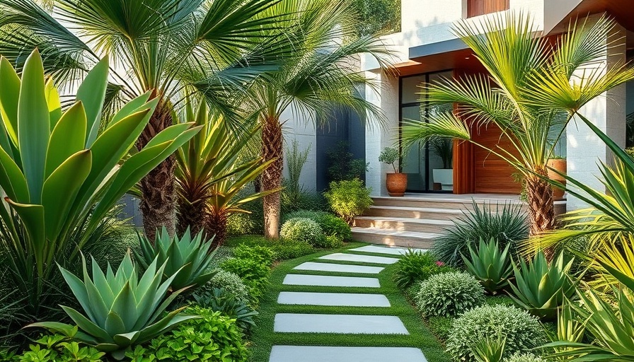 Modern front yard garden with succulents and palms.