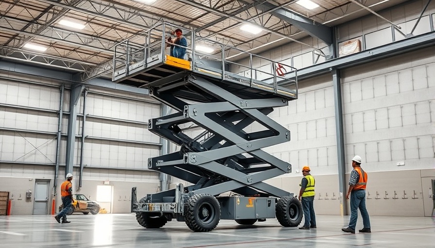 Scissor lift safety alert with workers in warehouse.