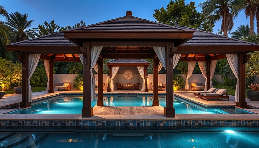 Elegant poolside gazebo designs in a serene outdoor setting.