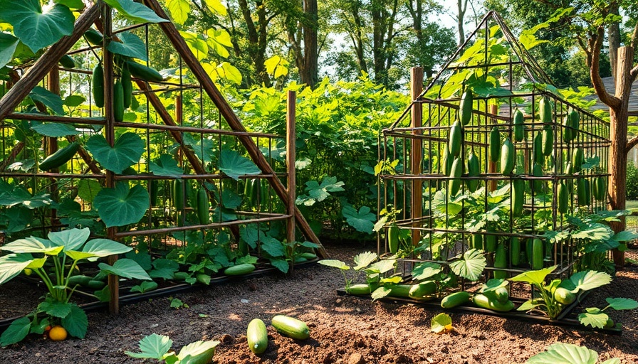 Innovative cucumber trellis ideas in a lush garden setting.