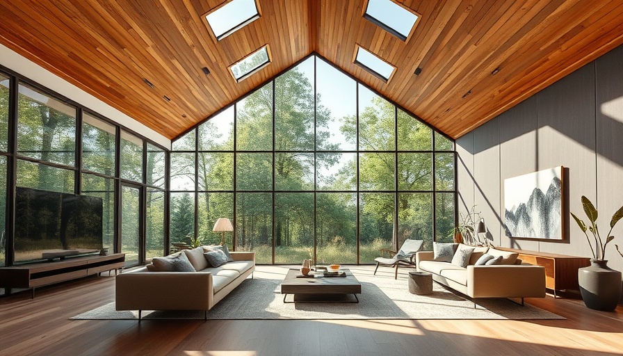 Modern living room with glass walls and nature view for cottage outdoor living space design ideas.