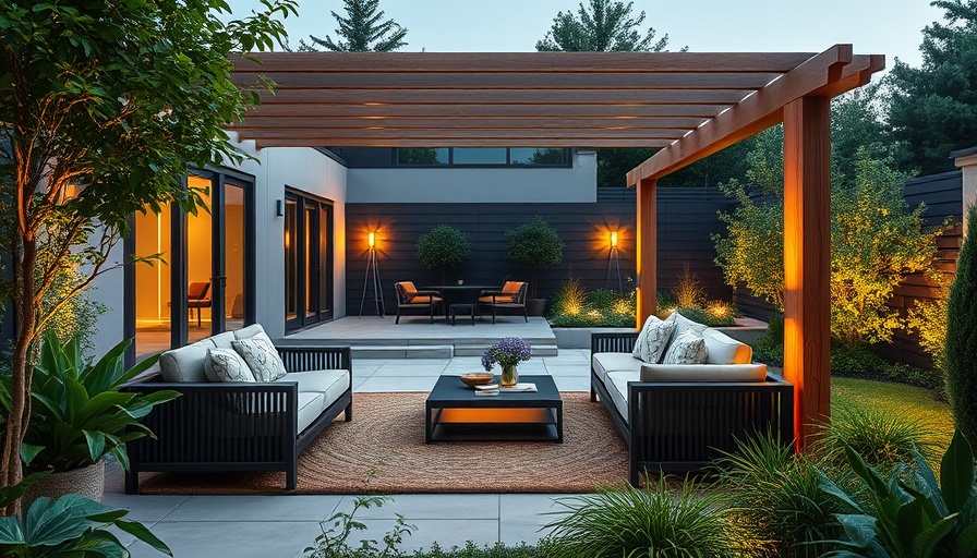 Stylish outdoor patio garden design with modern pergola.